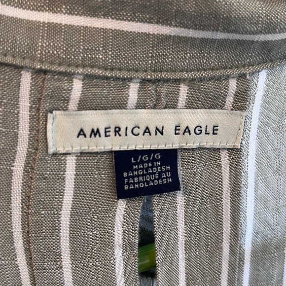 American Eagle Sz L Long-Sleeve Tie Back Striped Olive Button-Up Shirt - Picture 9 of 10